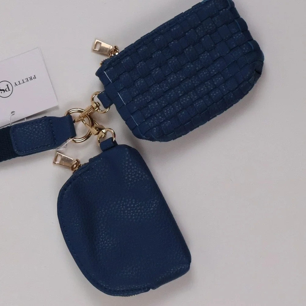 Pretty Simple Dual Pouch Wristlet Navy Blue Woven Pebbled NWT